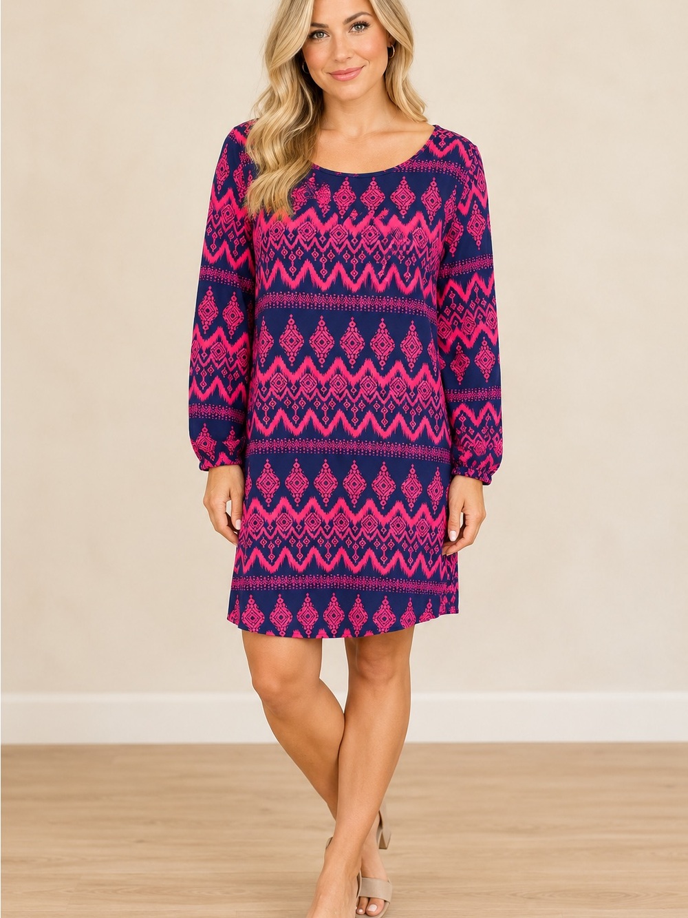 Long-Sleeve Navy and Hot Pink Printed Shift Dress